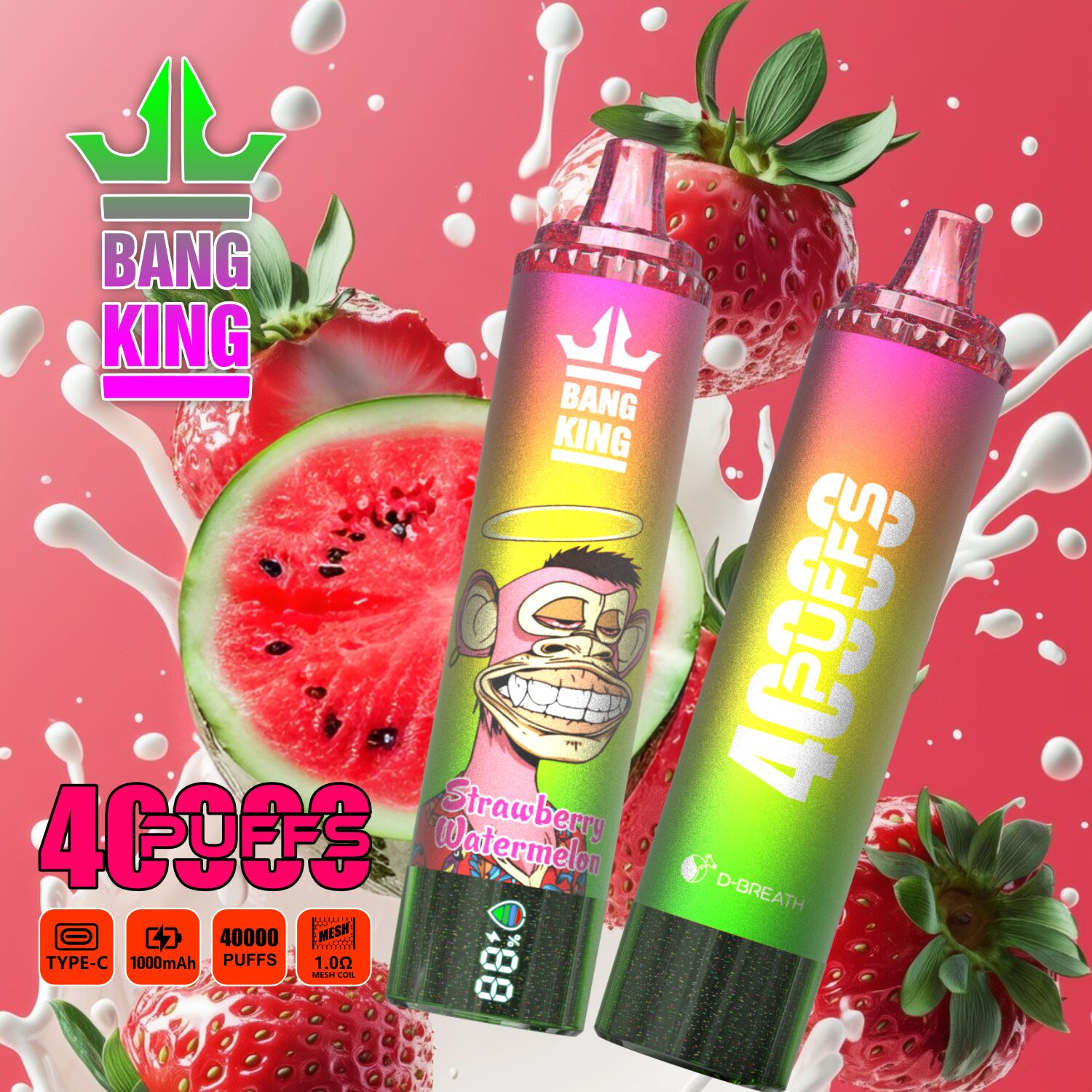 Bang King Tornado 40000 40K Puffs LED Display Edition Disposable in Strawberry Watermelon flavor