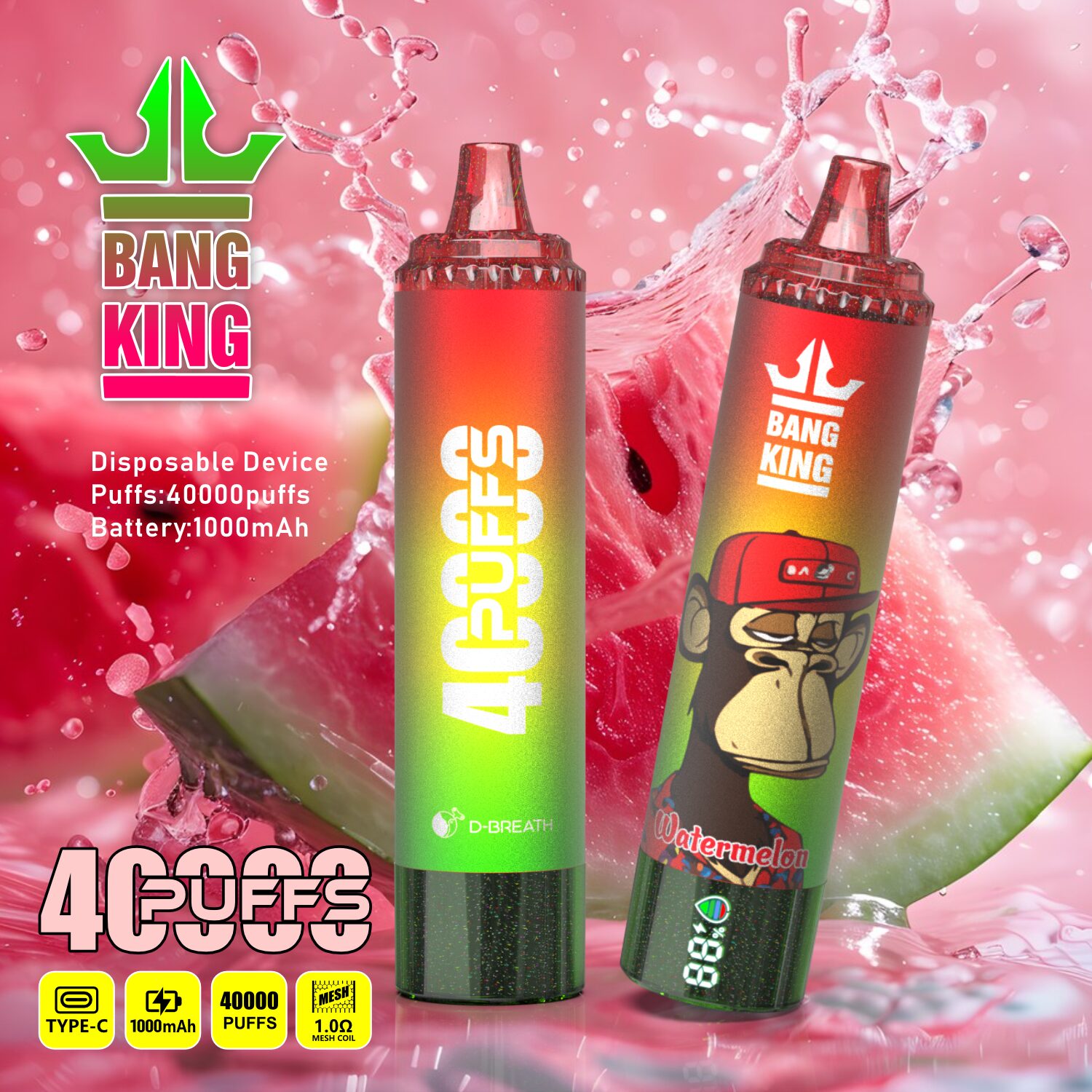 Bang King Tornado 40000 40K Puffs LED Display Edition Disposable in Watermelon flavor