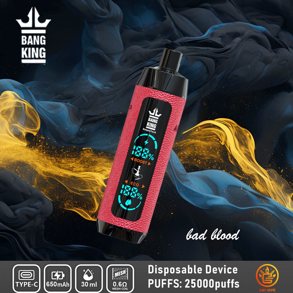 Bang King Shisha 25000 (25.000 boccate) con display LED, in pelle, usa e getta, gusto Bad Blood