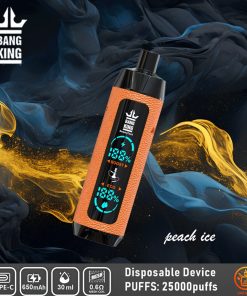 Bang King Shisha 25000 (25.000 boccate) con display LED, in pelle, usa e getta, al gusto Peach Ice