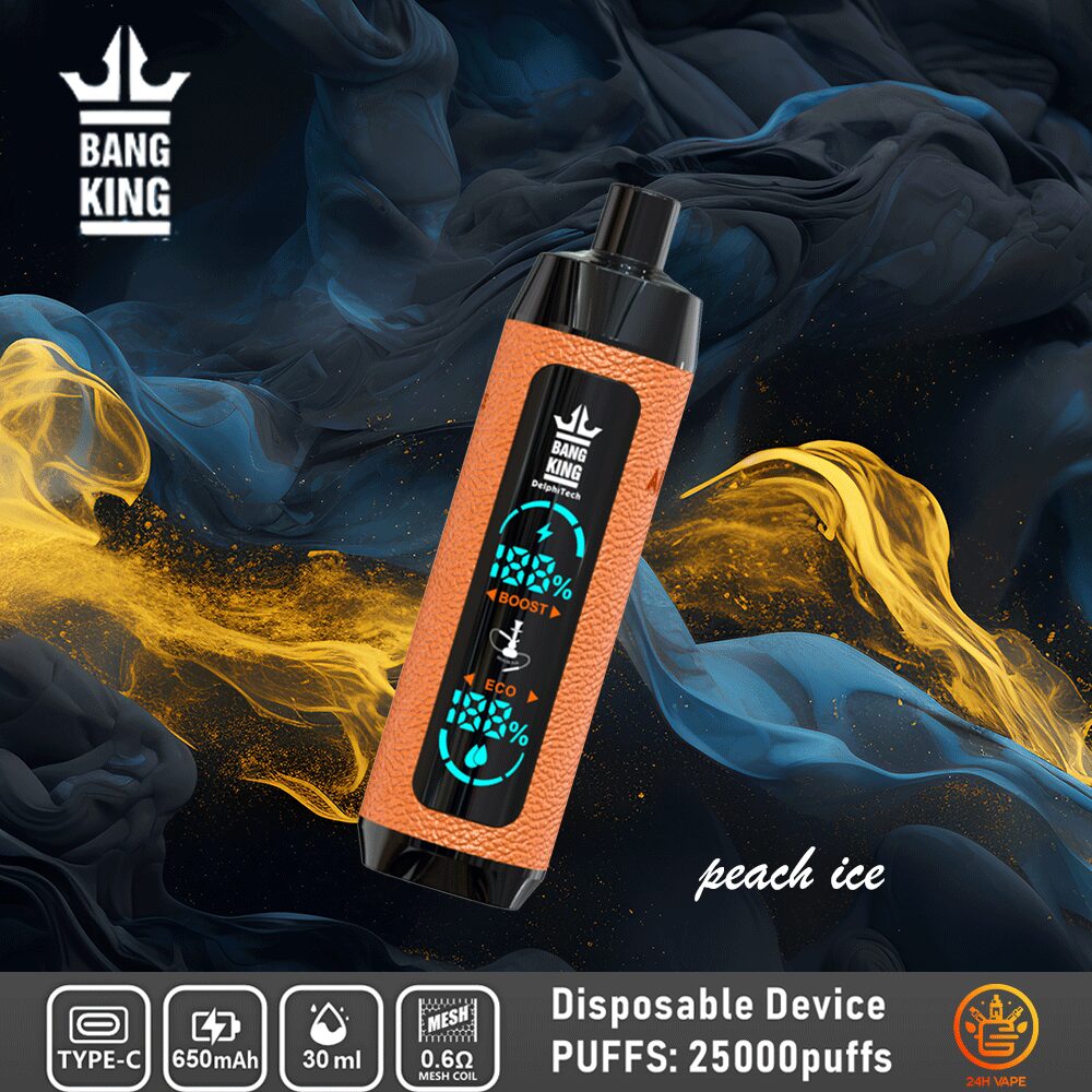 Bang King Shisha 25000 (25.000 boccate) con display LED, in pelle, usa e getta, al gusto Peach Ice
