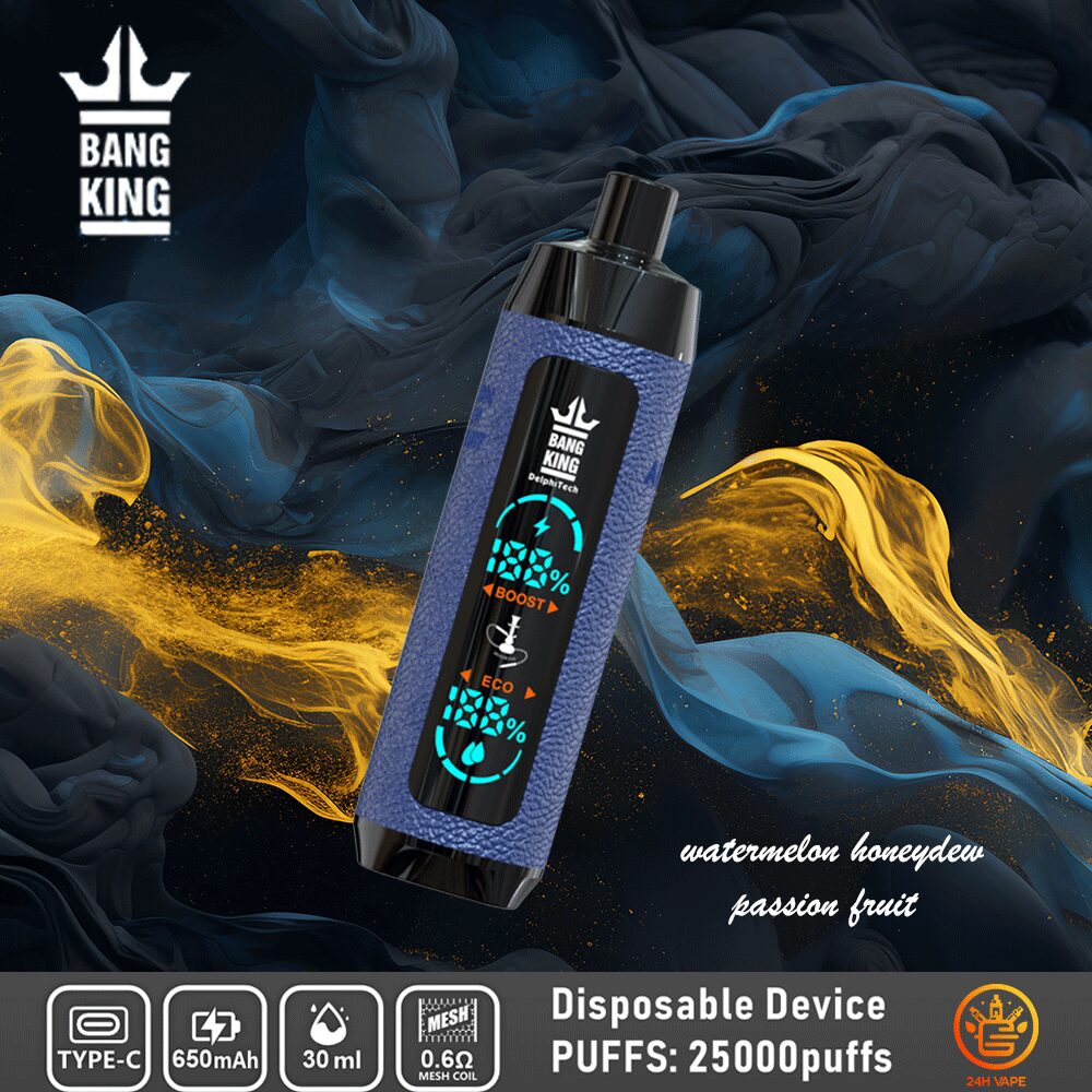 Bang King Shisha 25000 (25.000 boccate) con display LED, rivestimento in pelle, usa e getta, al gusto di anguria, melone e frutto della passione