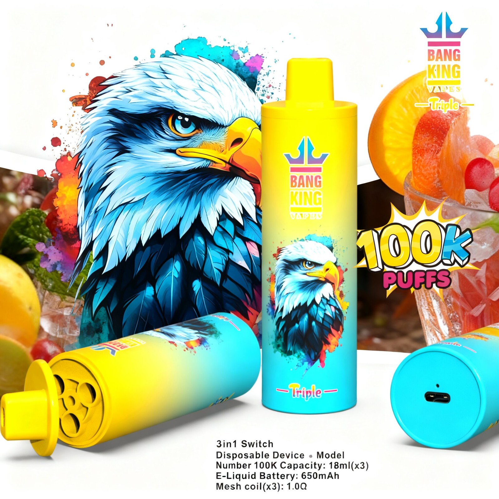 Bang King Triple 100000 100K Puffs 3 in 1 Flavors Rechargeable Disposable Vape in Lemon Lime + Strawberry Watermelon + Blueberry Ice flavor