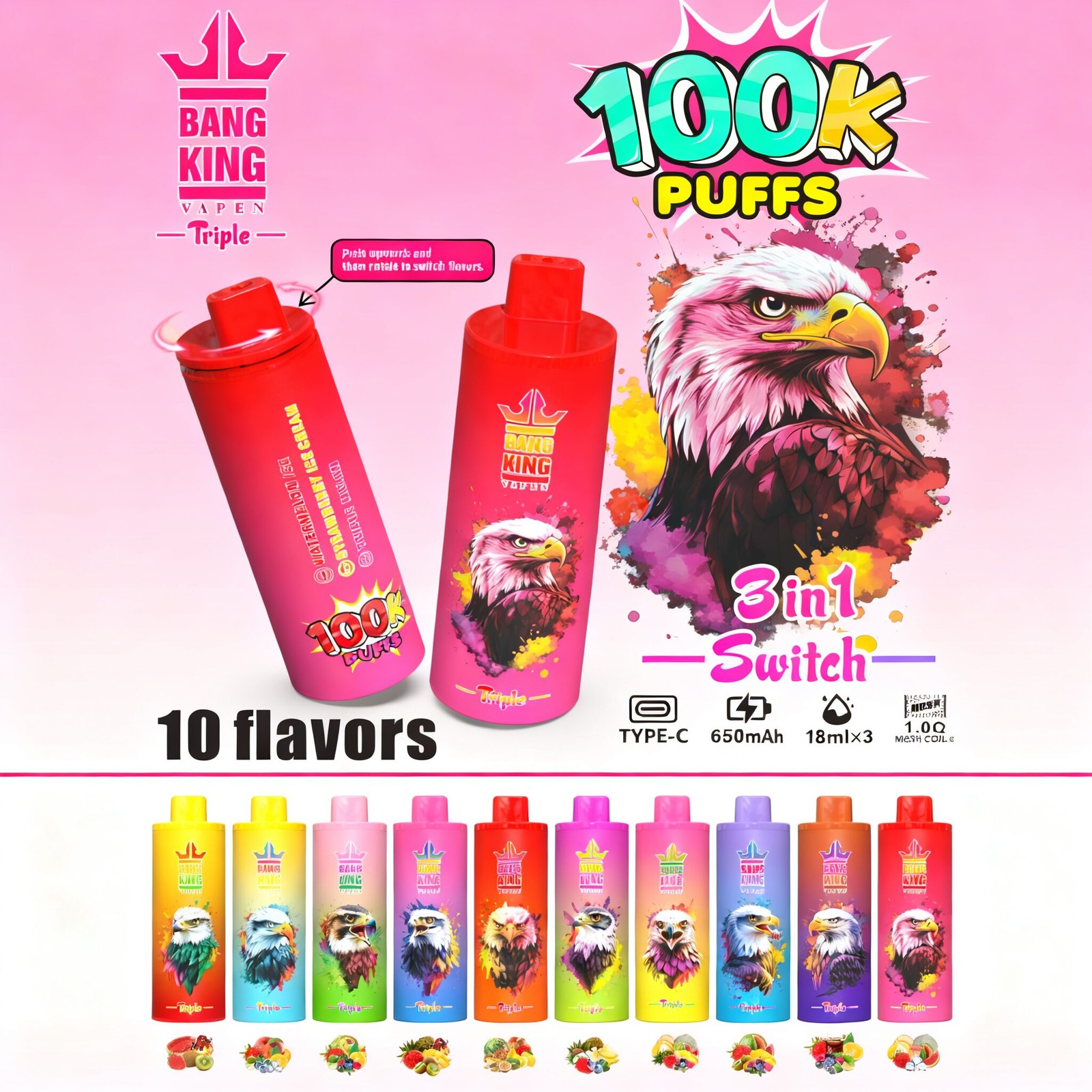 Bang King Triple 100000 100K Puffs 3 in 1 Flavors Rechargeable Disposable Vape product image