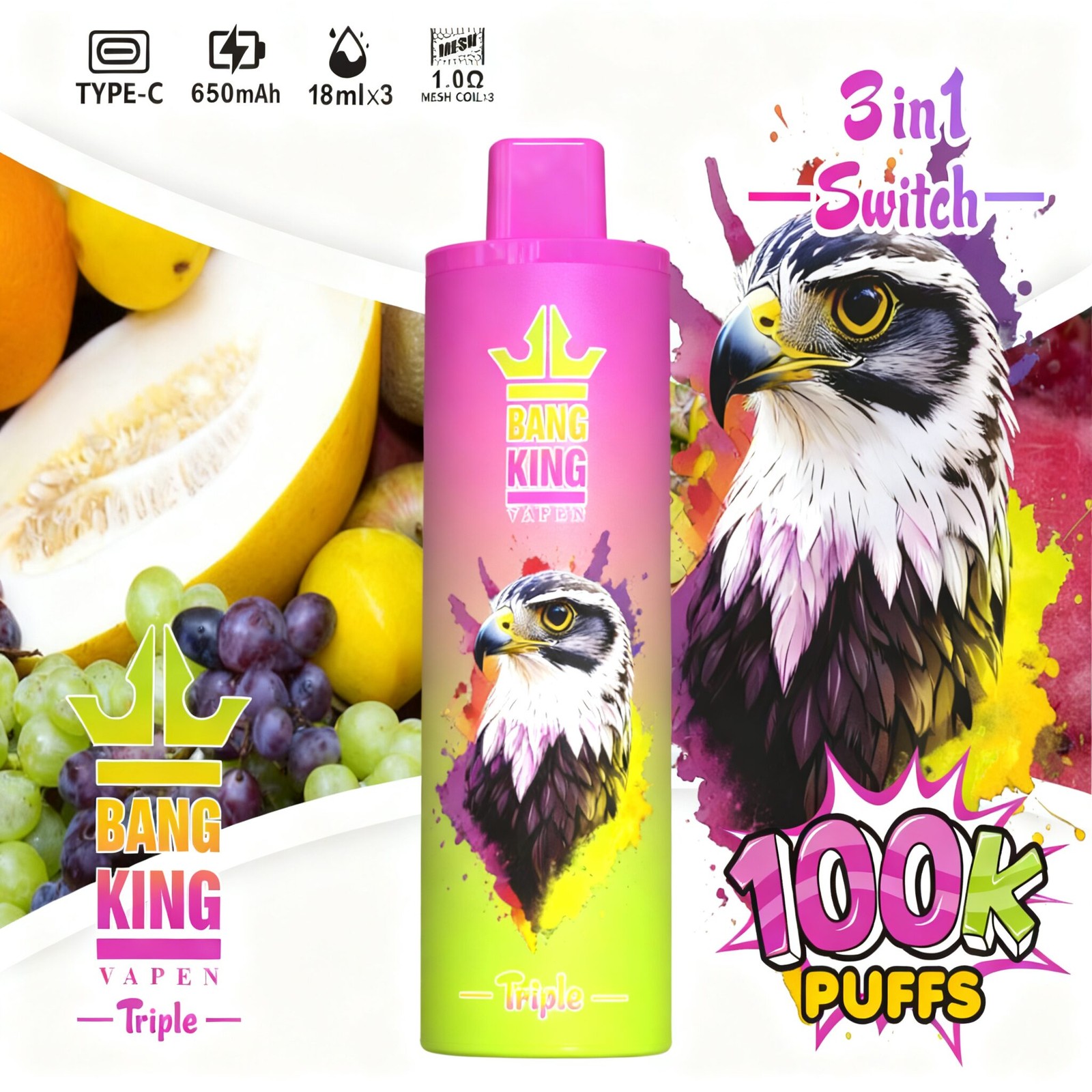 Bang King Triple 100000 100K Puffs 3 in 1 Flavors Rechargeable Disposable Vape in Pineapple Coconut + Strawberry Banana + Blue Razz flavor