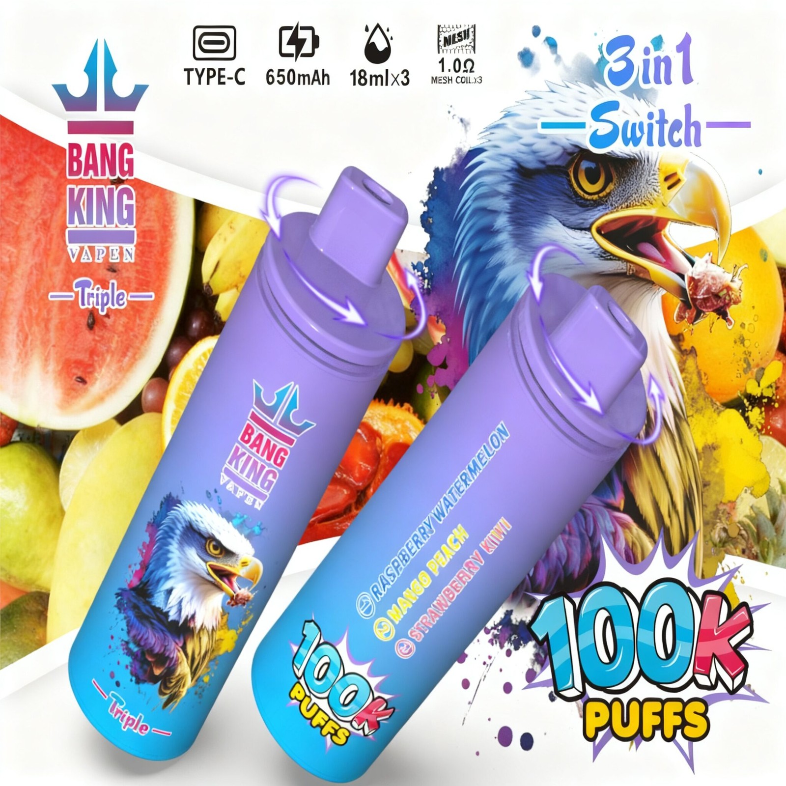 Bang King Triple 100000 100K Puffs 3 in 1 Flavors Rechargeable Disposable Vape in Raspberry Watermelon + Mango Peach + Strawberry Kiwi flavor