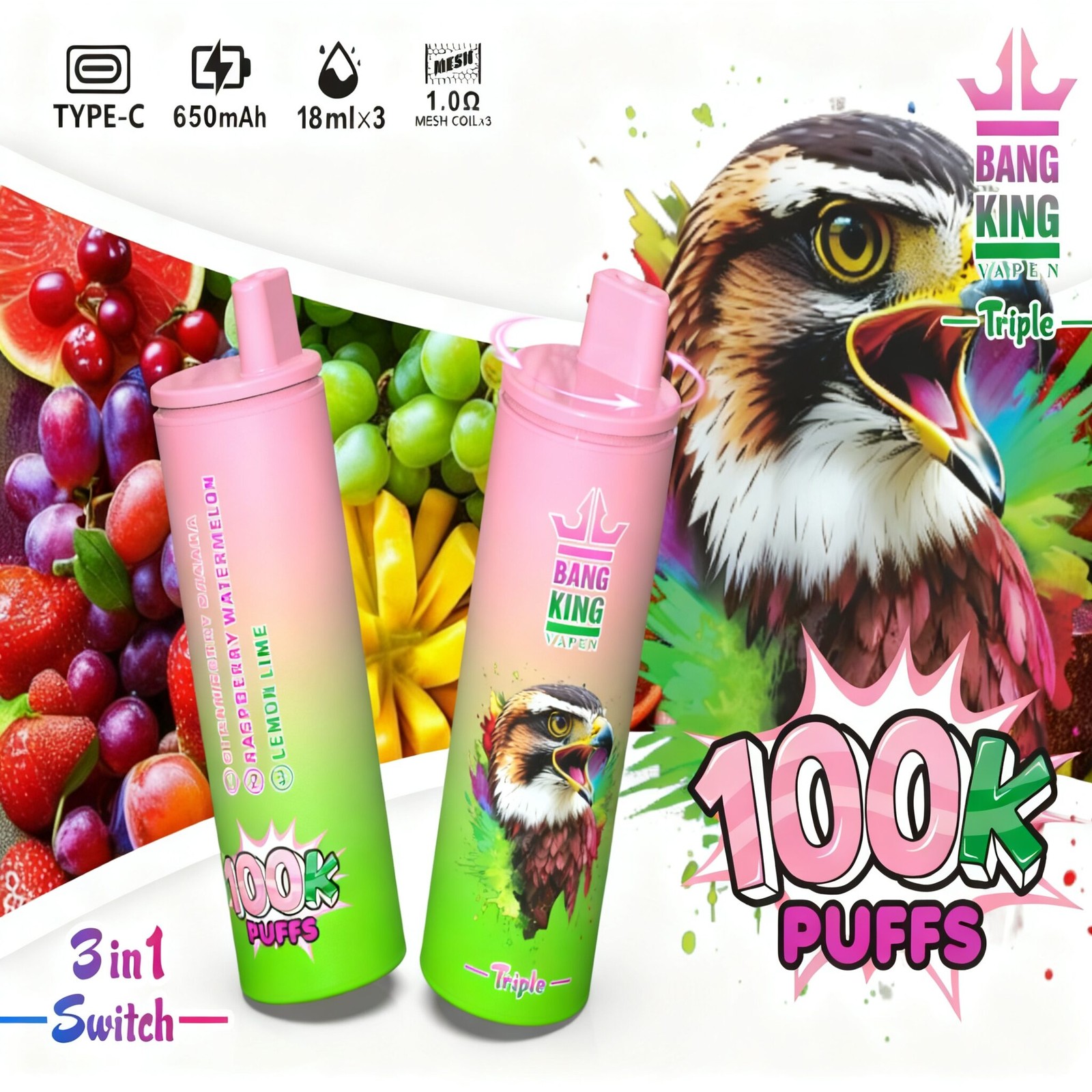 Bang King Triple 100000 100K Puffs 3 in 1 Flavors Rechargeable Disposable Vape in Strawberry Banana + Raspberry Watermelon + Lemon Lime flavor