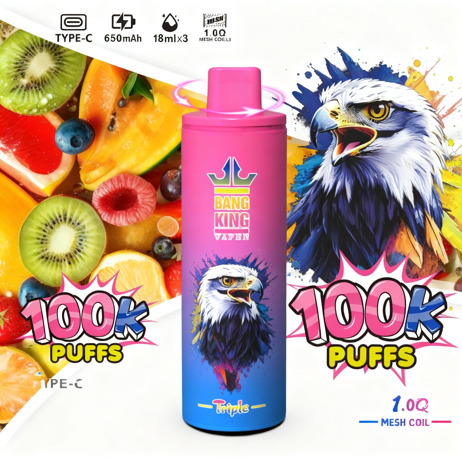 Bang King Triple 100000 100K Puffs 3 in 1 Flavors Rechargeable Disposable Vape in Strawberry Kiwi + Sour Mango Pineapple + Red Bull flavor