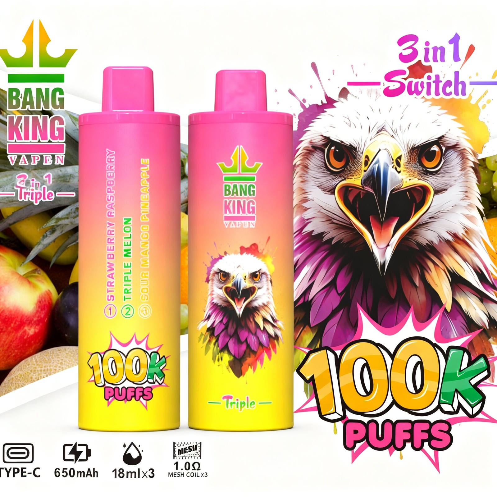 Bang King Triple 100000 100K Puffs 3 in 1 Flavors Rechargeable Disposable Vape in Strawberry Raspberry + Triple Melon + Sour Mango Pineapple flavor