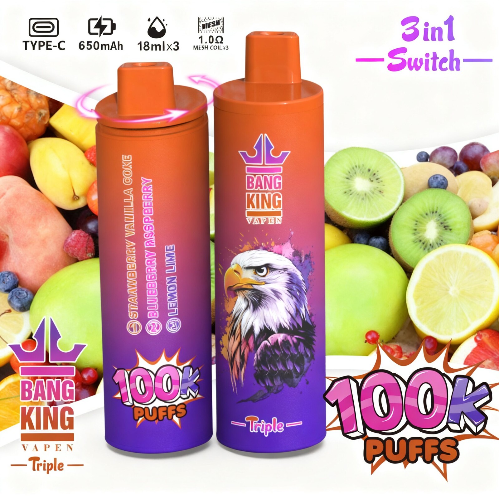 Bang King Triple 100000 100K Puffs 3 in 1 Flavors Rechargeable Disposable Vape in Strawberry Vanilla Coke + Blueberry Raspberry + Lemon Lime flavor