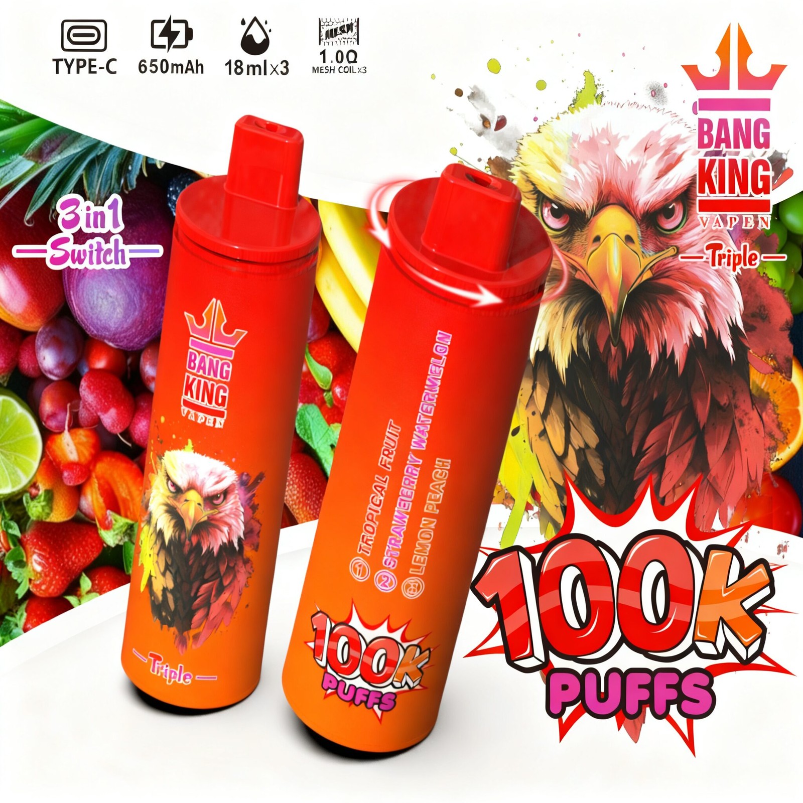 Bang King Triple 100000 100K Puffs 3 in 1 Flavors Rechargeable Disposable Vape in Tropical Fruit + Strawberry Watermelon + Lemon Peach flavor