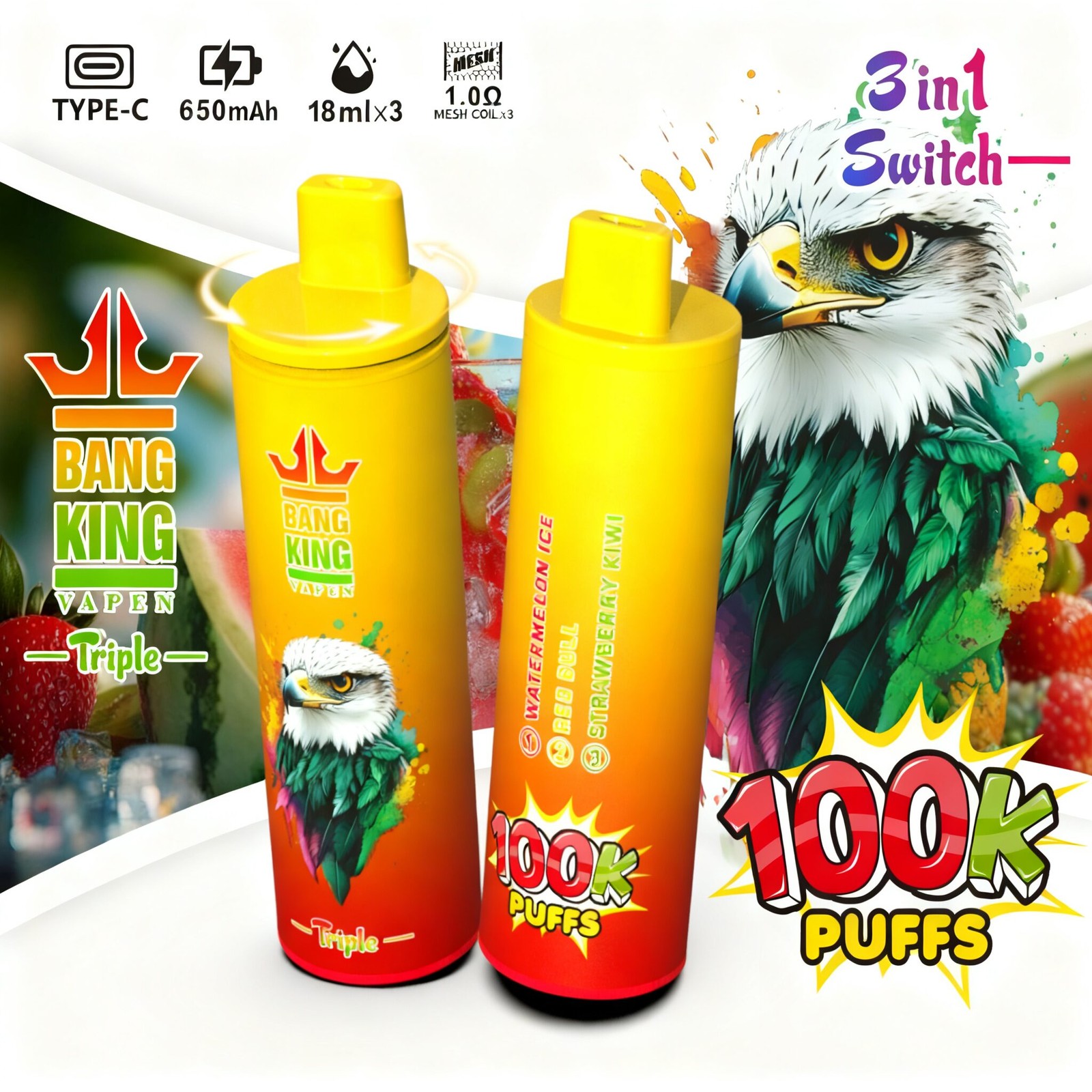 Bang King Triple 100000 100K Puffs 3 in 1 Flavors Rechargeable Disposable Vape in Watermelon + Red Bull + Strawberry Kiwi flavor