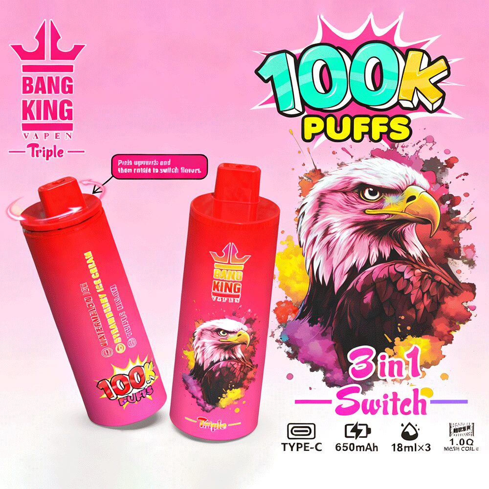 Bang King Triple 100000 100K Puffs 3 in 1 Flavors Rechargeable Disposable Vape in Watermelon + Strawberry Ice Cream + Triple Melon flavor