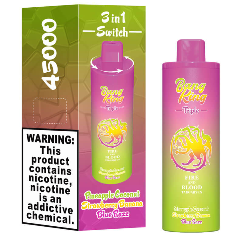 Bang King Triple 45000 45K Puffs Vape 3 in 1 Flavors Rechargeable Disposable Vape in Pineapple Coconut + Strawberry Banana + Blue Razz flavor