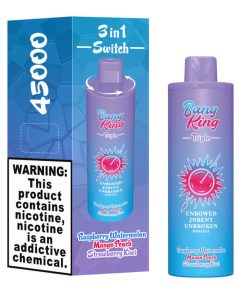 Bang King Triple 45000 45K Puffs Vape 3 in 1 Flavors Rechargeable Disposable Vape in Raspberry Watermelon + Mango Peach + Strawberry Kiwi flavor