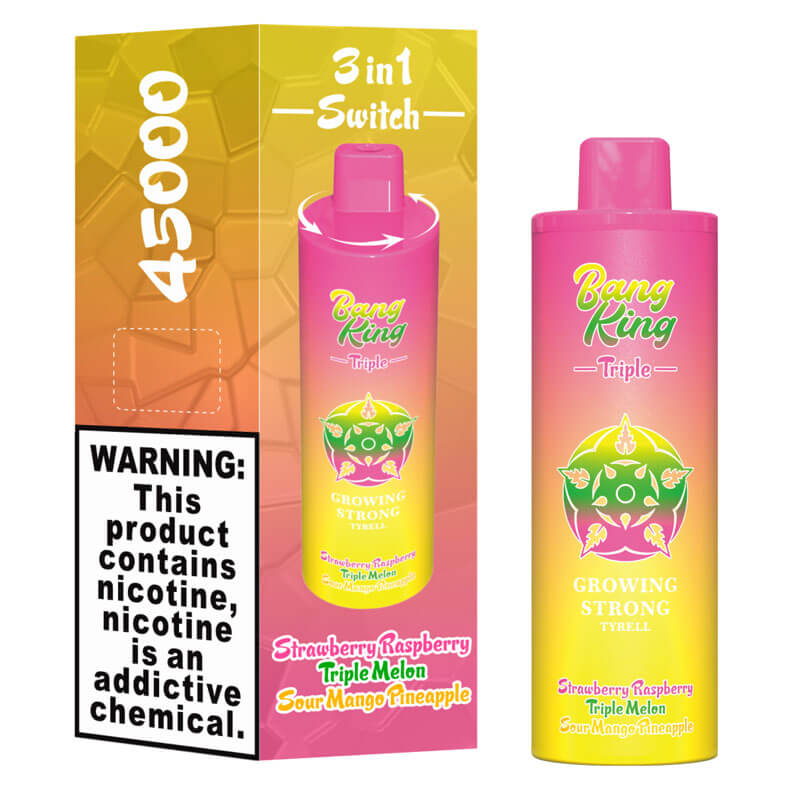 Bang King Triple 45000 45K Puffs Vape 3 in 1 Flavors Rechargeable Disposable Vape in Strawberry Raspberry + Triple Melon + Sour Mango Pineapple flavor