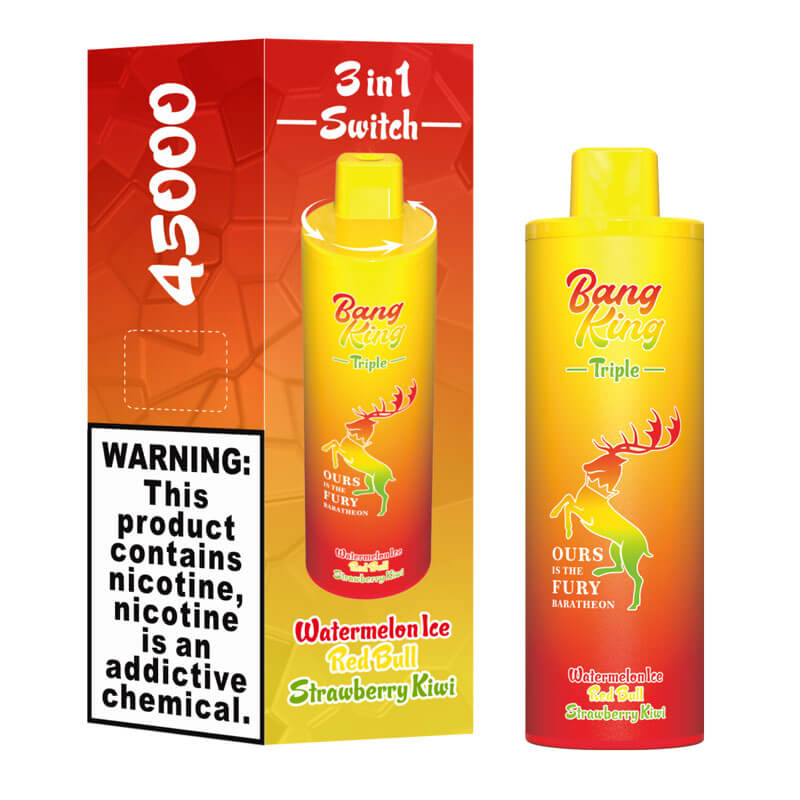 Bang King Triple 45000 45K Puffs Vape 3 in 1 Flavors Rechargeable Disposable Vape in Watermelon + Red Bull + Strawberry Kiwi flavor