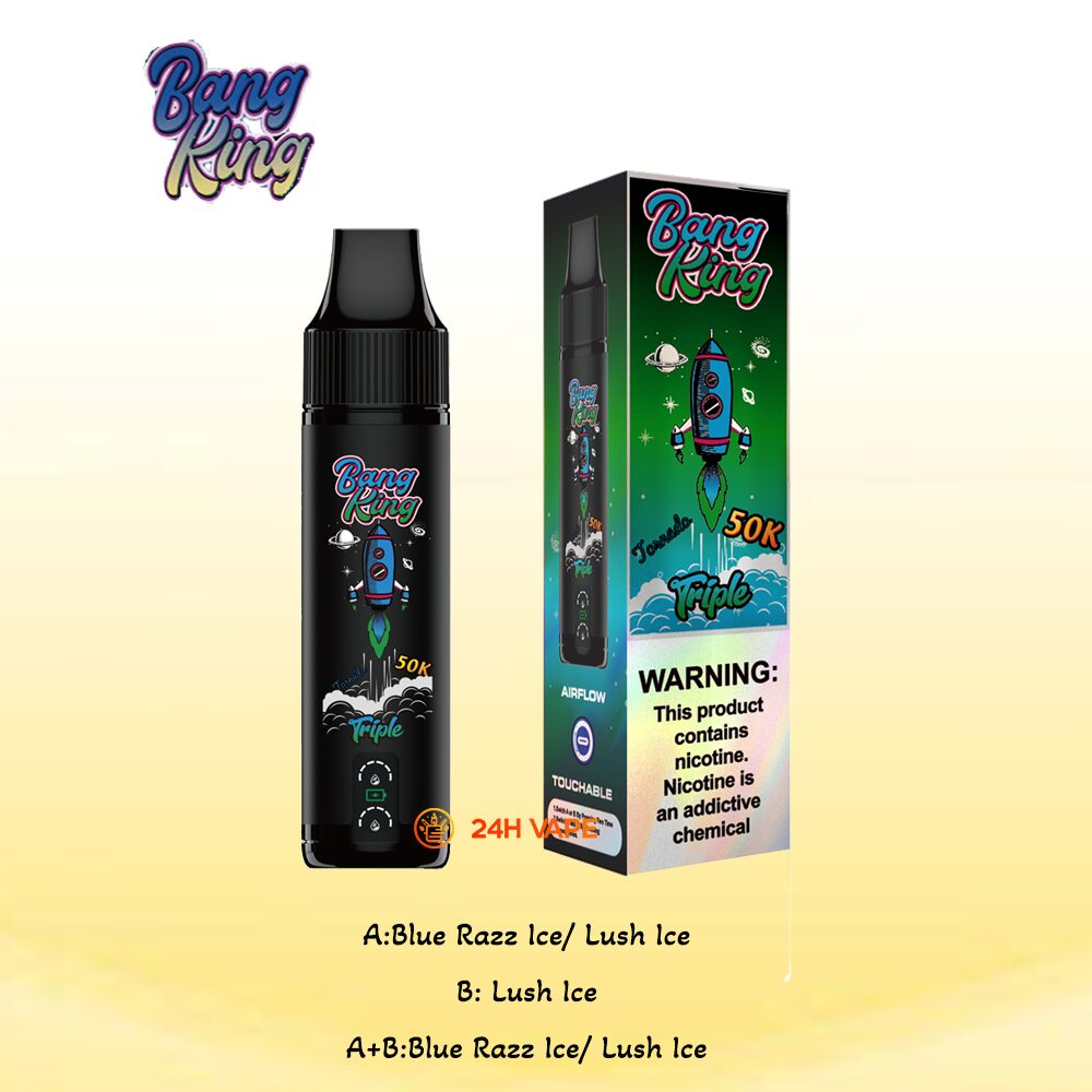 Bang King Triple 50000 50K Puffs 3 in 1 Flavors Rechargeable Disposable Vape in A:Blue Razz Ice/B:Lush Ice/A+B:Blue Razz Lush Ice flavor
