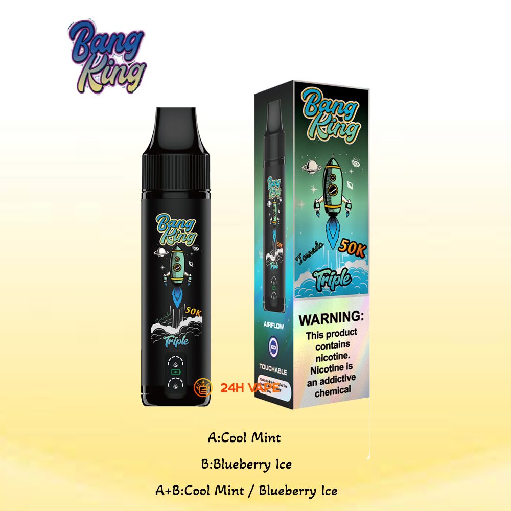 Bang King Triple 50000 50K Puffs 3 in 1 Flavors Rechargeable Disposable Vape in A:Cool Mint/B:Blueberry Ice/A+B:Cool Mint Blueberry Ice flavor