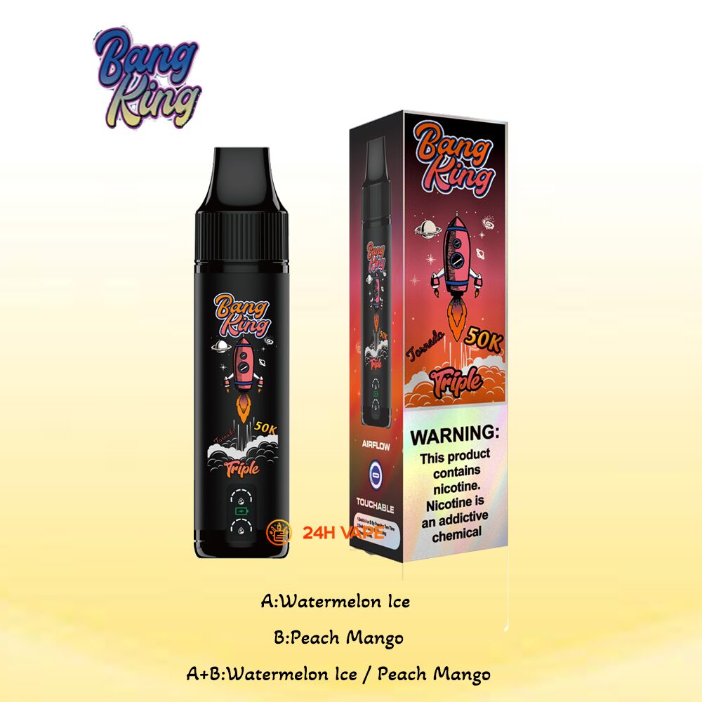Bang King Triple 50000 50K Puffs 3 in 1 Flavors Rechargeable Disposable Vape in A:Peach Ice/B:Mango Ice/A+B:Peach Mango Ice flavor