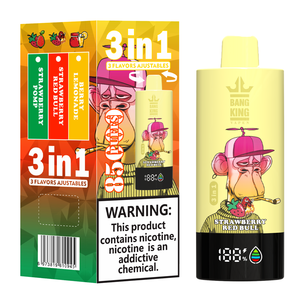 Bang King 85000 85k Puffs 3 in 1 Flavors Rechargeable LCD Display Disposable Vape in Berry Lemonade & Strawberry Red Bull & Strawberry Pomp flavor