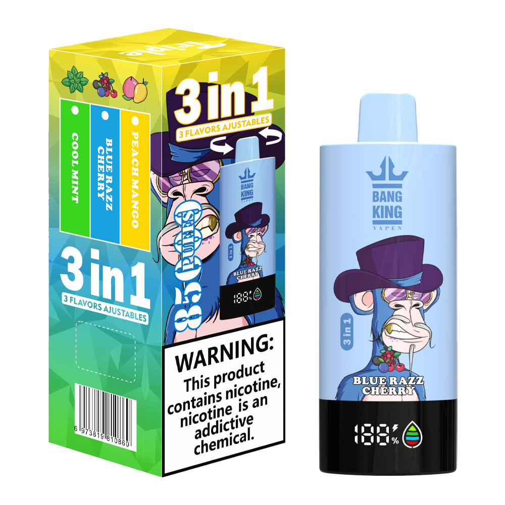 Bang King 85000 85k Puffs 3 in 1 Flavors Rechargeable LCD Display Disposable Vape in Blue Razz Cherry & Cool Mint & Peach Mango flavor