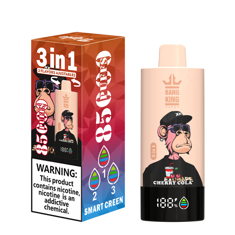 Bang King 85000 85k Puffs 3 in 1 Flavors Rechargeable LCD Display Disposable Vape in Cola Ice & Mr Blue & Cherry Cola flavor