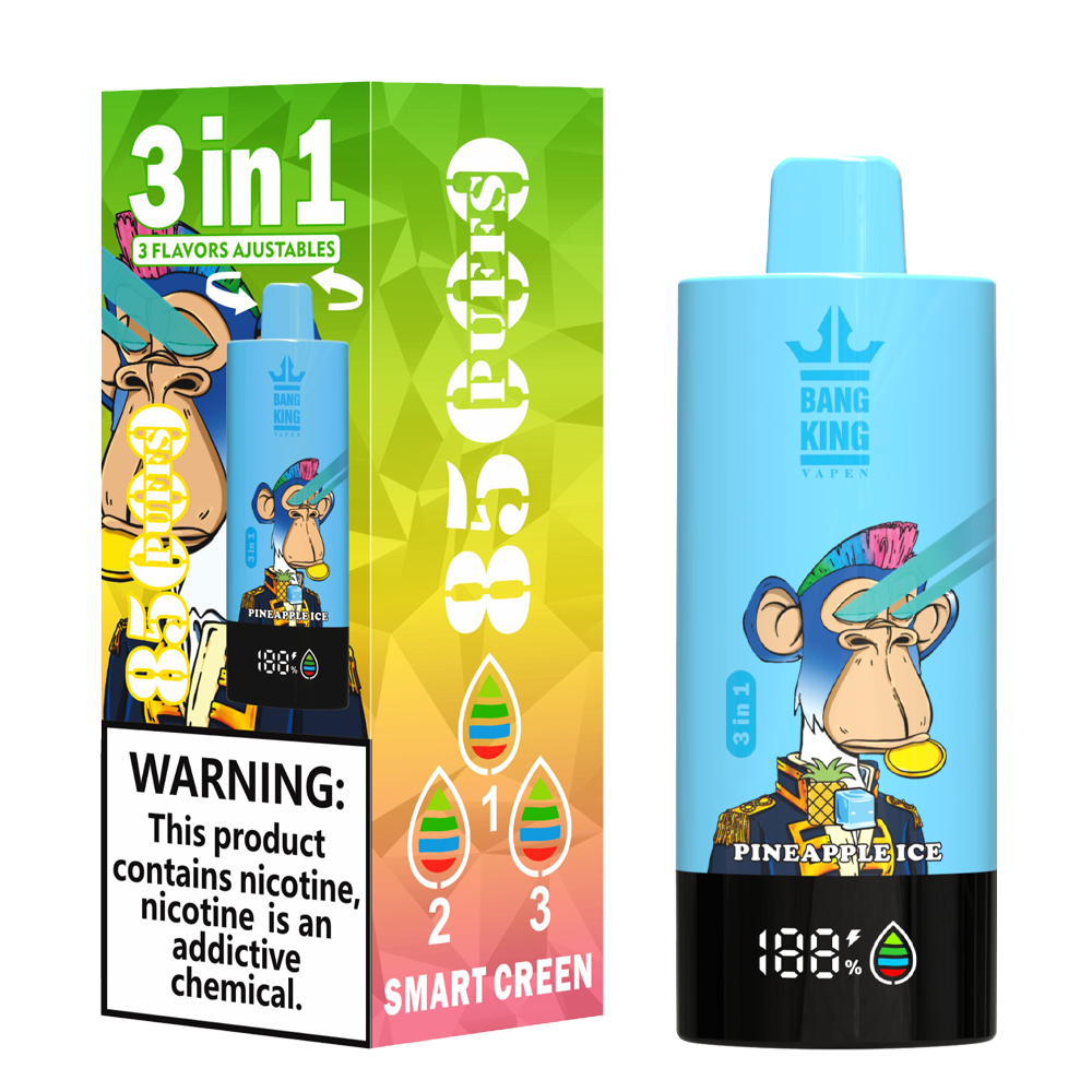 Bang King 85000 85k Puffs 3 in 1 Flavors Rechargeable LCD Display Disposable Vape in Double Apple & Fruity Fusion & Pineapple Ice flavor