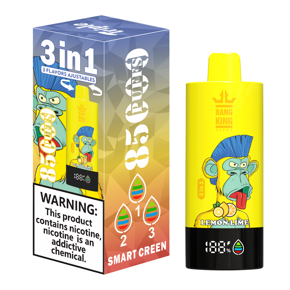 Bang King 85000 85k Puffs 3 in 1 Flavors Rechargeable LCD Display Disposable Vape in Lemon Lime & Strawberry Watermelon & Blueberry Ice flavor