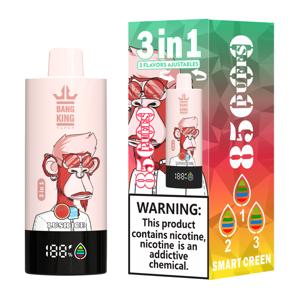 Bang King 85000 85k Puffs 3 in 1 Flavors Rechargeable LCD Display Disposable Vape in Lush Ice & Kiwi Passion Fruit Guava & Straw Mango flavor