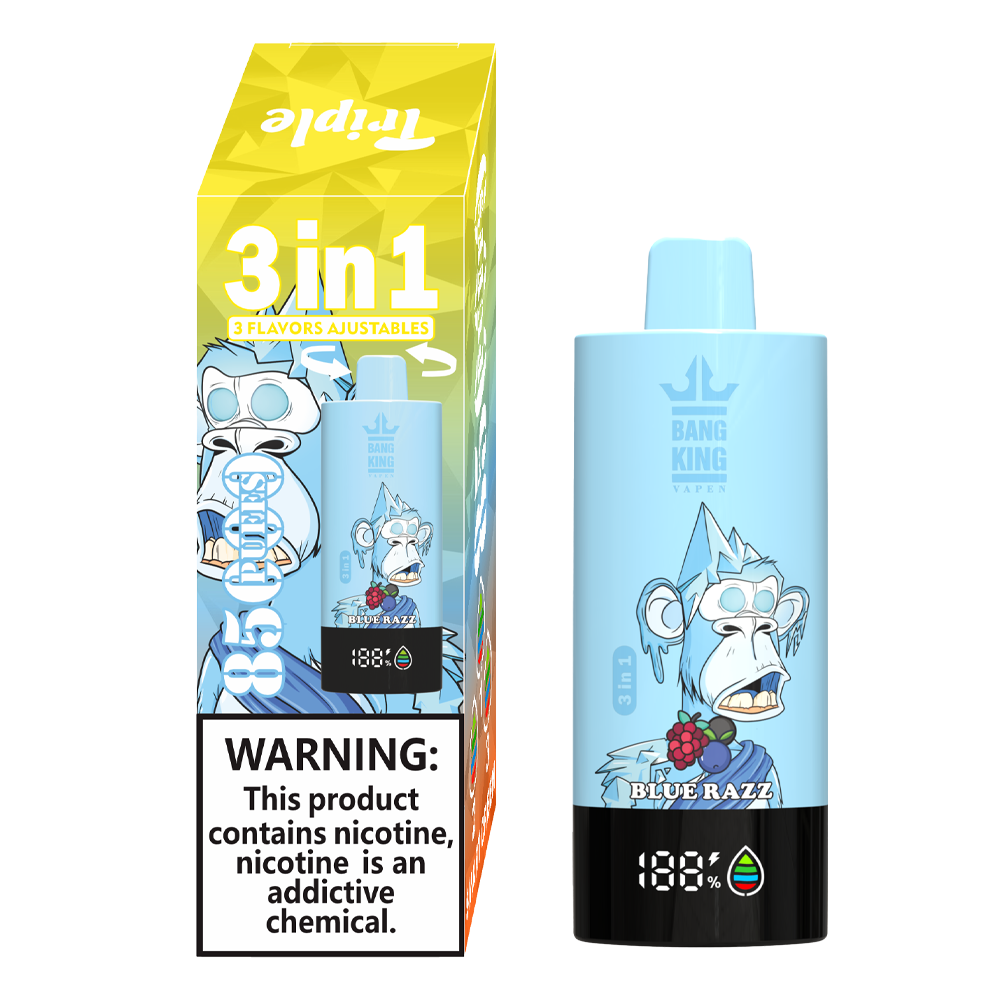 Bang King 85000 85k Puffs 3 in 1 Flavors Rechargeable LCD Display Disposable Vape in Pineapple Coconut & Strawberry Banana & Blue Razz flavor