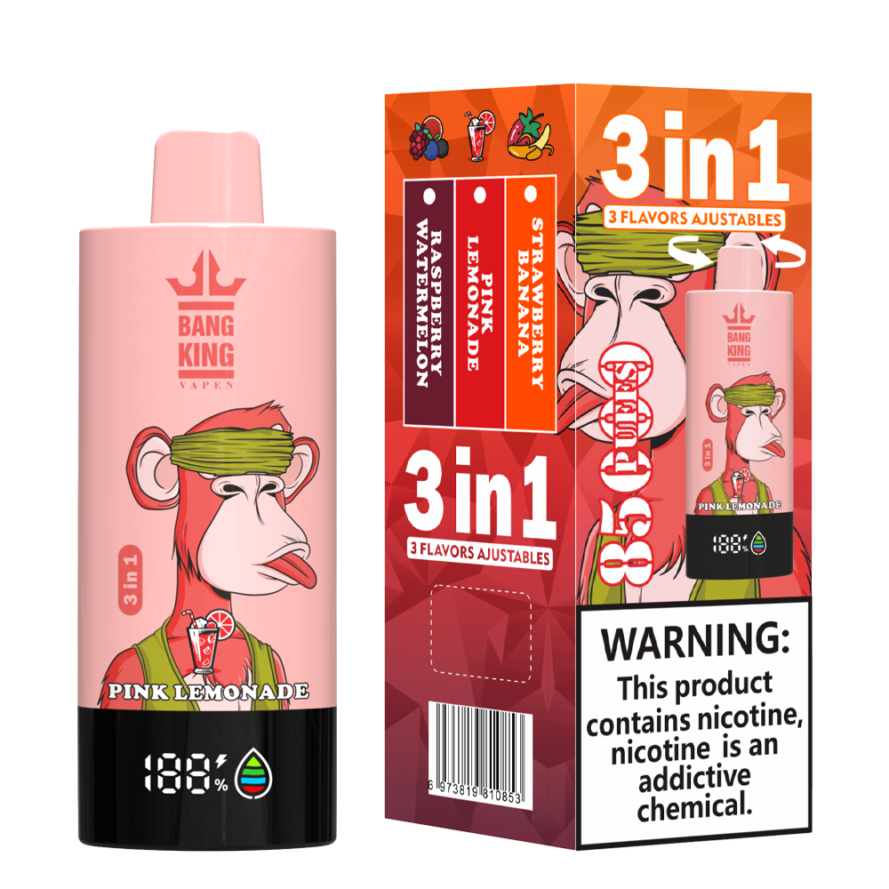 Bang King 85000 85k Puffs 3 in 1 Flavors Rechargeable LCD Display Disposable Vape in Strawberry Banana & Raspberry Watermelon & Pink Lemonade flavor