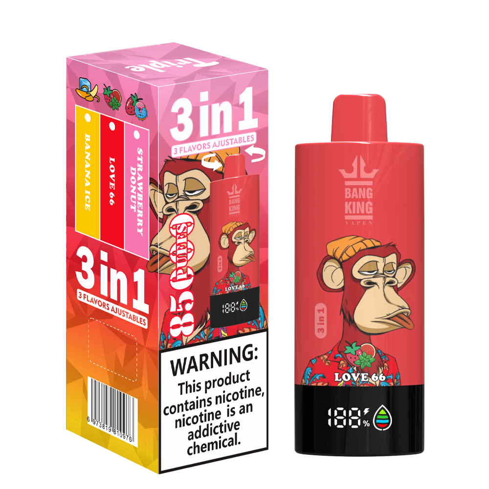 Bang King 85000 85k Puffs 3 in 1 Flavors Rechargeable LCD Display Disposable Vape in Strawberry Donut & Banana Ice & Love66 flavor