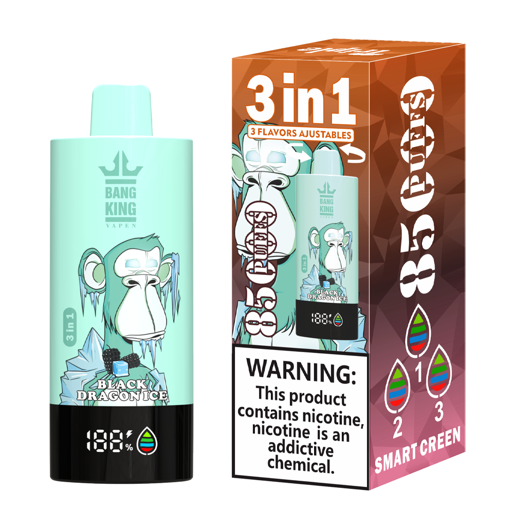 Bang King 85000 85k Puffs 3 in 1 Flavors Rechargeable LCD Display Disposable Vape in Strawberry Vanilla Coke & Peach Ice & Black Dragon Ice flavor