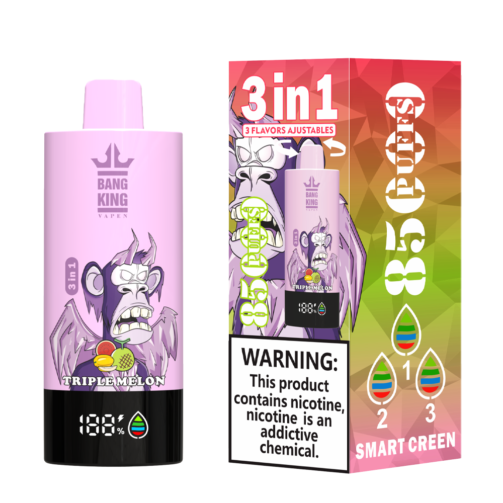 Bang King 85000 85k Puffs 3 in 1 Flavors Rechargeable LCD Display Disposable Vape in Strawberry Watermelon & Triple Melon & Strawberry Ice flavor