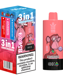 Bang King 85000 85k Puffs 3 in 1 Flavors Rechargeable LCD Display Disposable Vape in Strawberry Watermelon & Watermelon & Blue Razz Ice flavor