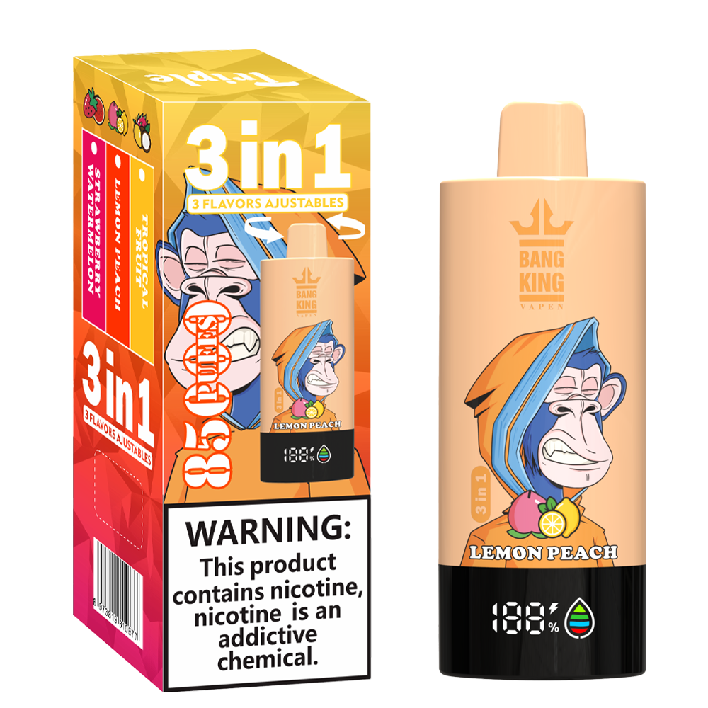 Bang King 85000 85k Puffs 3 in 1 Flavors Rechargeable LCD Display Disposable Vape in Tropical Fruit & Strawberry Watermelon & Lemon Peach flavor