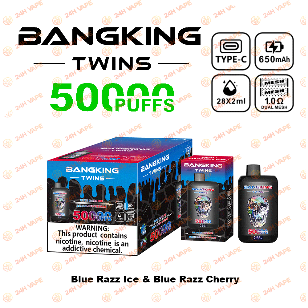 Bang King Twins 50000 50K Puffs 2% 3% 5% Nicotine Double Taste LED Display Disposable Vape in Blue Razz Ice & Blue Razz Cherry flavor