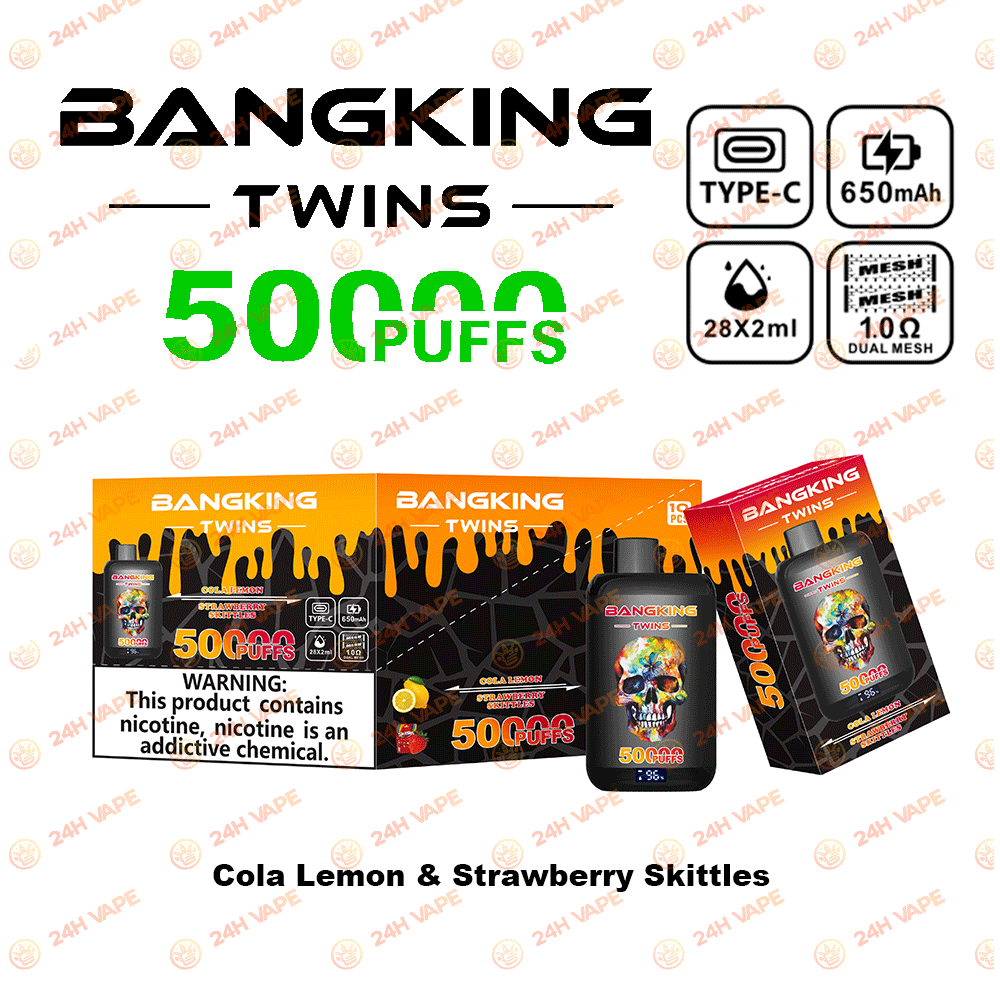 Bang King Twins 50000 50K Puffs 2% 3% 5% Nicotine Double Taste LED Display Disposable Vape in Cola Lemon & Strawberry Skittles flavor