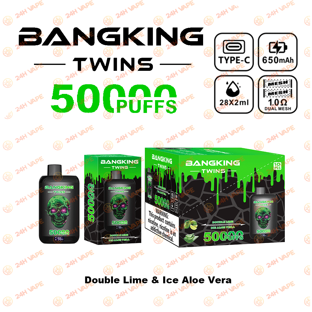 Bang King Twins 50000 50K Puffs 2% 3% 5% Nicotine Double Taste LED Display Disposable Vape in Double Lime & Ice Aloe Vera flavor