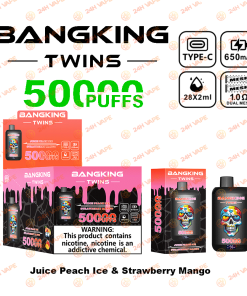 Bang King Twins 50000 50K Puffs 2% 3% 5% Nicotine Double Taste LED Display Disposable Vape in Juice Peach Ice & Strawberry Mango flavor