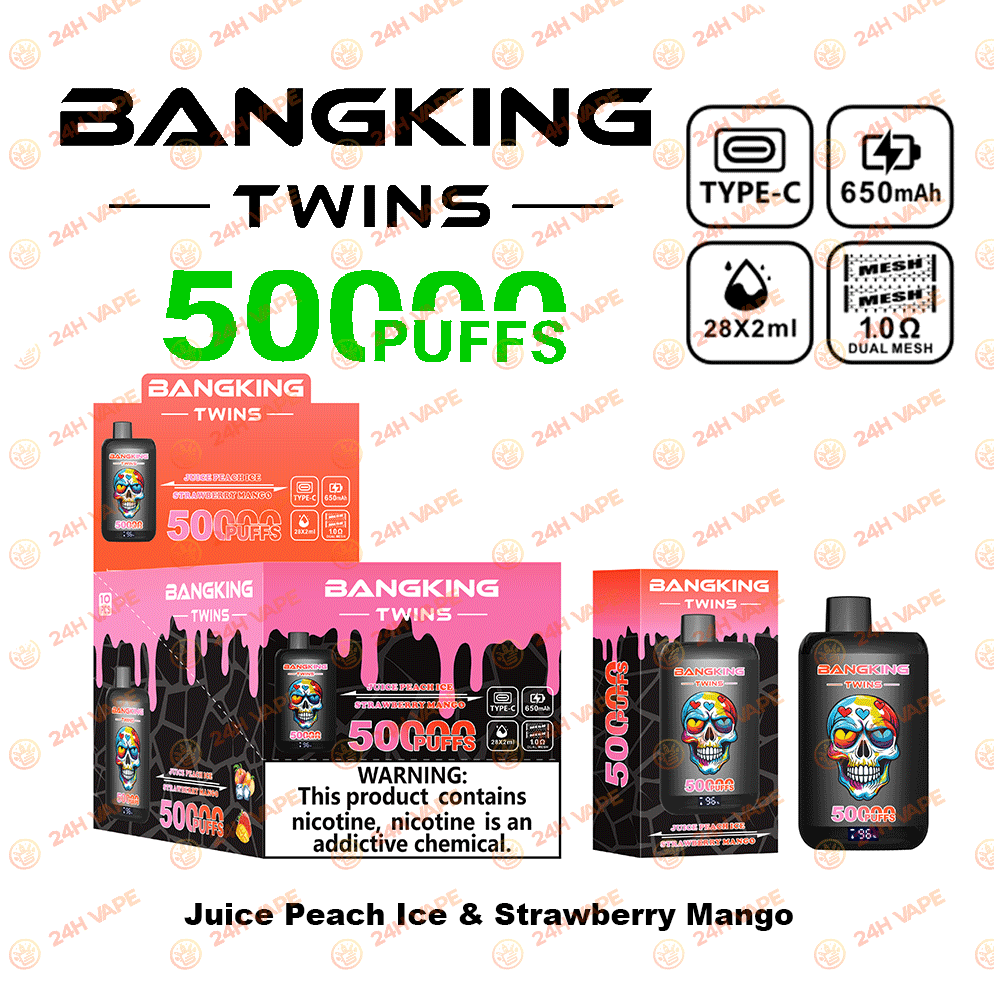 Bang King Twins 50000 50K Puffs 2% 3% 5% Nicotine Double Taste LED Display Disposable Vape in Juice Peach Ice & Strawberry Mango flavor
