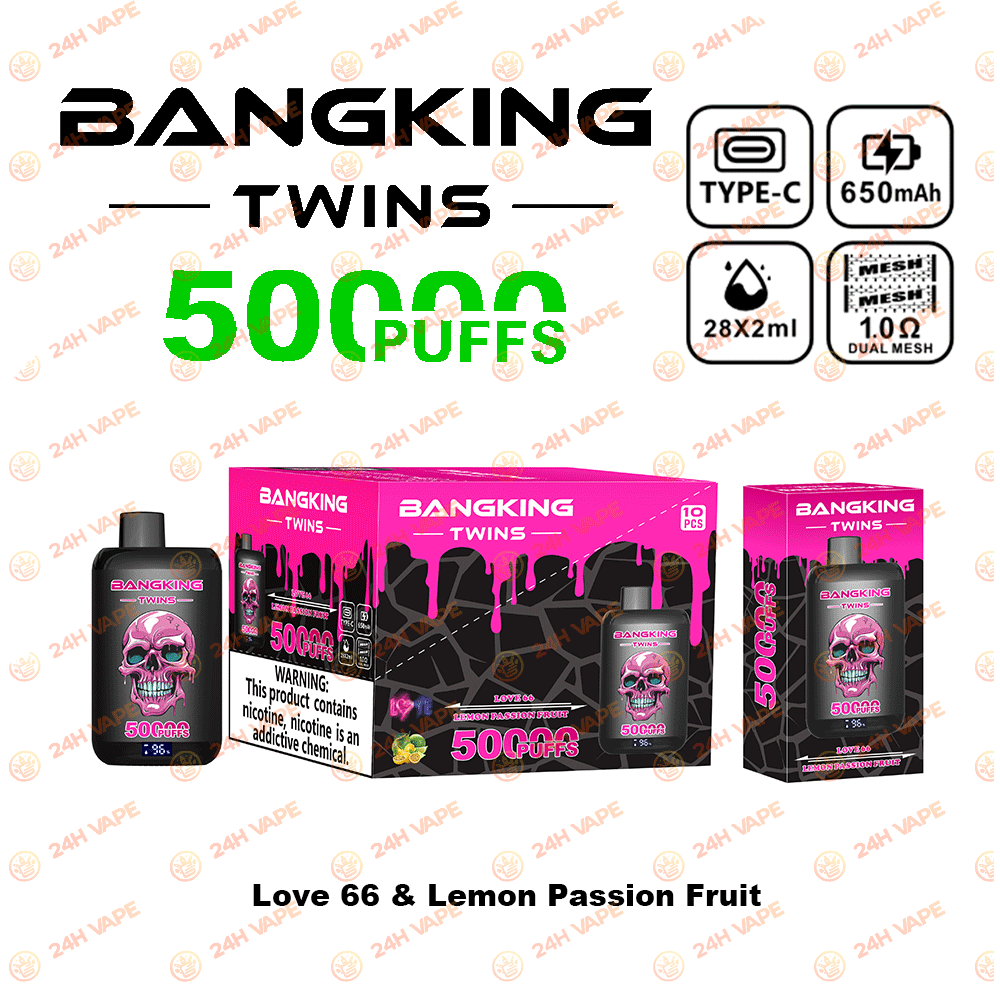 Bang King Twins 50000 50K Puffs 2% 3% 5% Nicotine Double Taste LED Display Disposable Vape in Love 66 & Lemon Passion Fruit flavor
