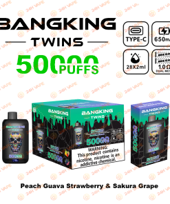 Bang King Twins 50000 50K Puffs 2% 3% 5% Nicotine Double Taste LED Display Disposable Vape in Peach Guava Strawberry & Sakura Grape flavor