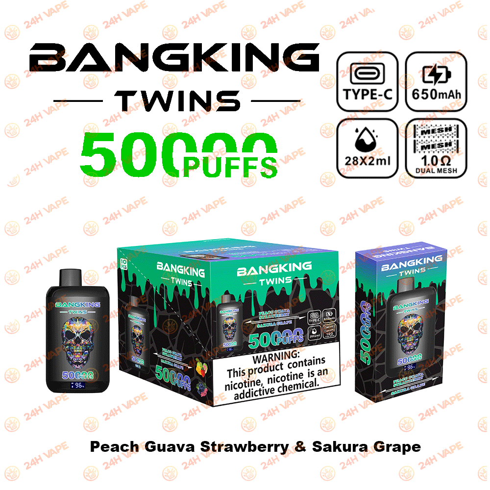 Bang King Twins 50000 50K Puffs 2% 3% 5% Nicotine Double Taste LED Display Disposable Vape in Peach Guava Strawberry & Sakura Grape flavor