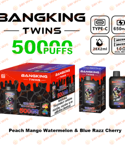 Bang King Twins 50000 50K Puffs 2% 3% 5% Nicotine Double Taste LED Display Disposable Vape in Peach Mango Watermelon & Blue Razz Cherry flavor