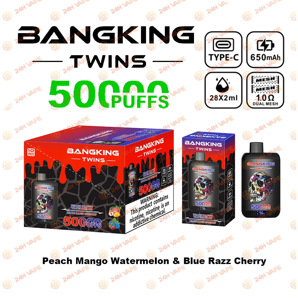 Bang King Twins 50000 50K Puffs 2% 3% 5% Nicotine Double Taste LED Display Disposable Vape in Peach Mango Watermelon & Blue Razz Cherry flavor