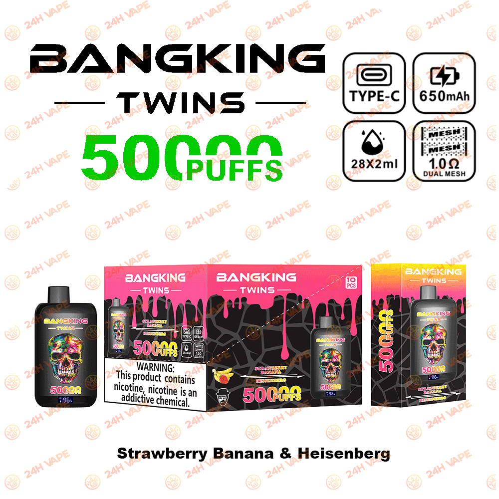 Bang King Twins 50000 50K Puffs 2% 3% 5% Nicotine Double Taste LED Display Disposable Vape in Strawberry Banana & Heisenberg flavor