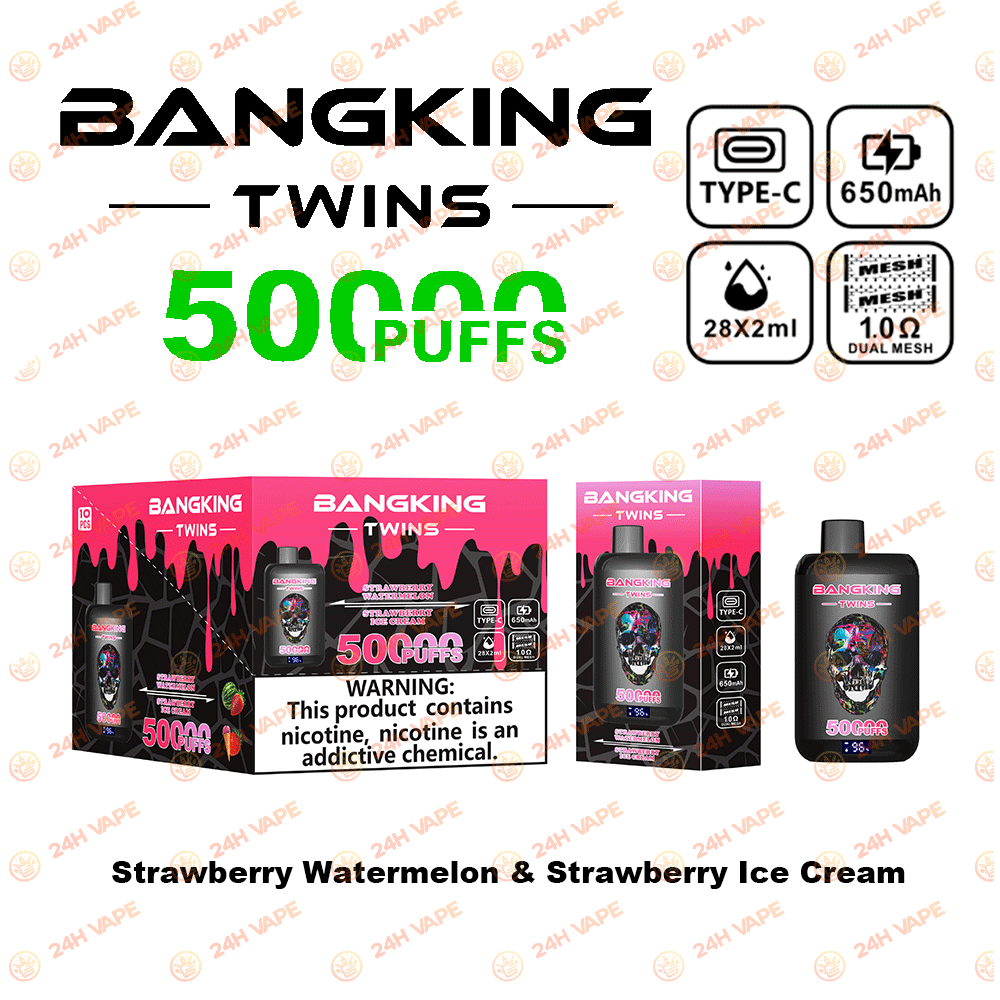 Bang King Twins 50000 50K Puffs 2% 3% 5% Nicotine Double Taste LED Display Disposable Vape in Strawberry Watermelon & Strawberry Ice Cream flavor
