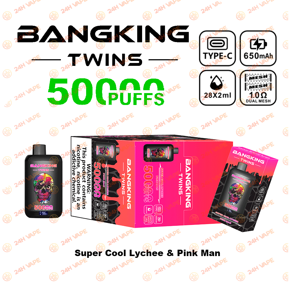 Bang King Twins 50000 50K Puffs 2% 3% 5% Nicotine Double Taste LED Display Disposable Vape in Super Cool Lychee & Pink Man flavor